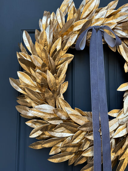 Gold Bay Leaf Wreath with Black Velvet Ribbon