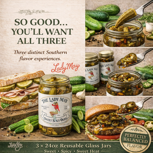 Lady May Pickle Trio Gift Set – 3 Pack Bundle (24oz Jars) – Bread & Butter Sweet Pickles, Sweet & Spicy Pickled Okra, Candied Jalapeños – Small Batch Southern Style – Restaurant Made Gourmet Pickles