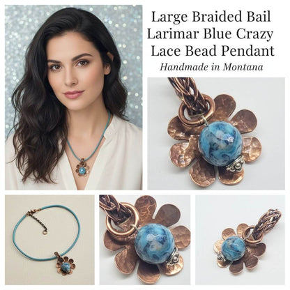 Large Braided Bail Larimar Blue Crazy Lace Bead Pendant with Various Order Options