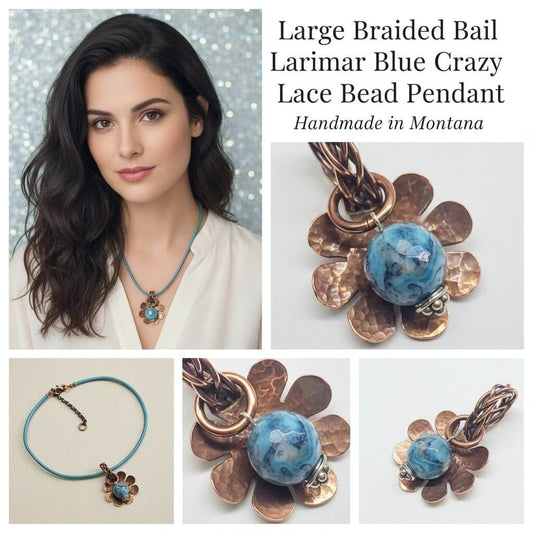 Large Braided Bail Larimar Blue Crazy Lace Bead Pendant with Various Order Options