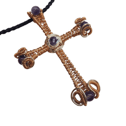 Large Wire Woven Copper Silver Amethyst Cross Necklace