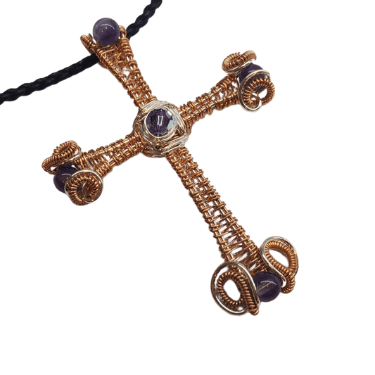 Large Wire Woven Copper Silver Amethyst Cross Necklace
