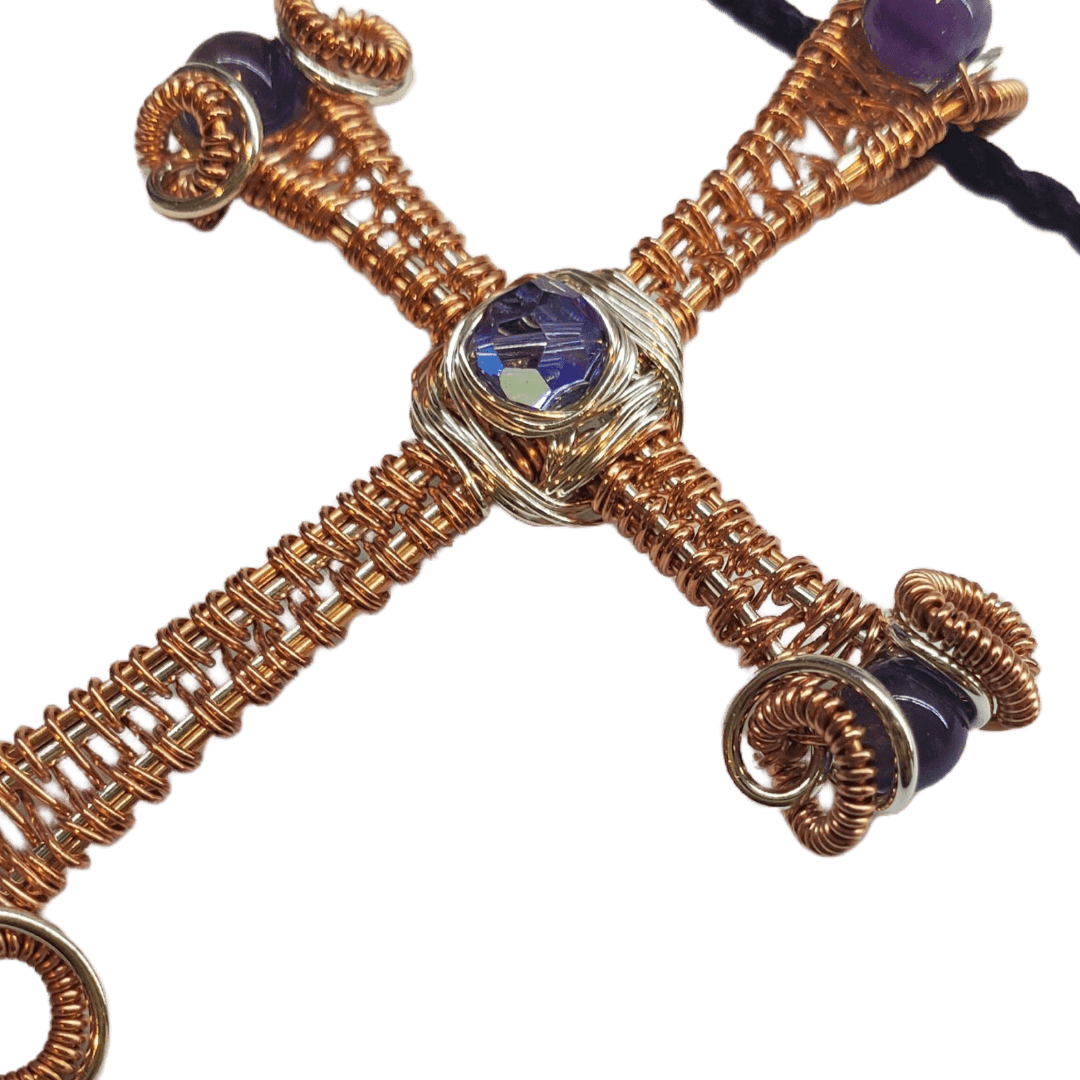 Large Wire Woven Copper Silver Amethyst Cross Necklace