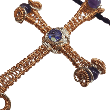 Large Wire Woven Copper Silver Amethyst Cross Necklace