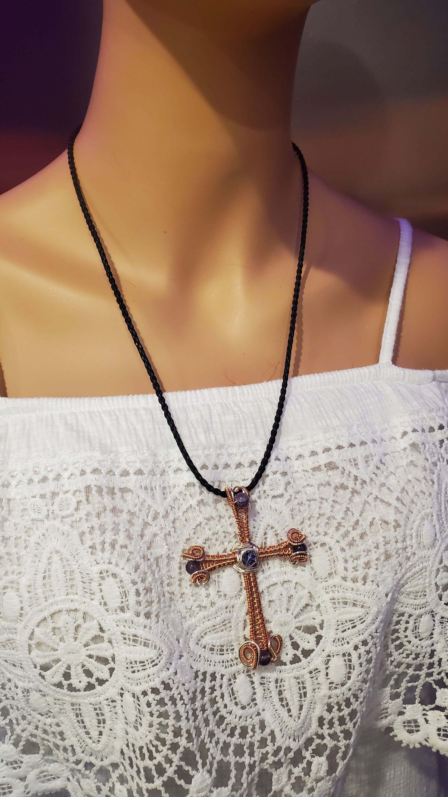 Large Wire Woven Copper Silver Amethyst Cross Necklace