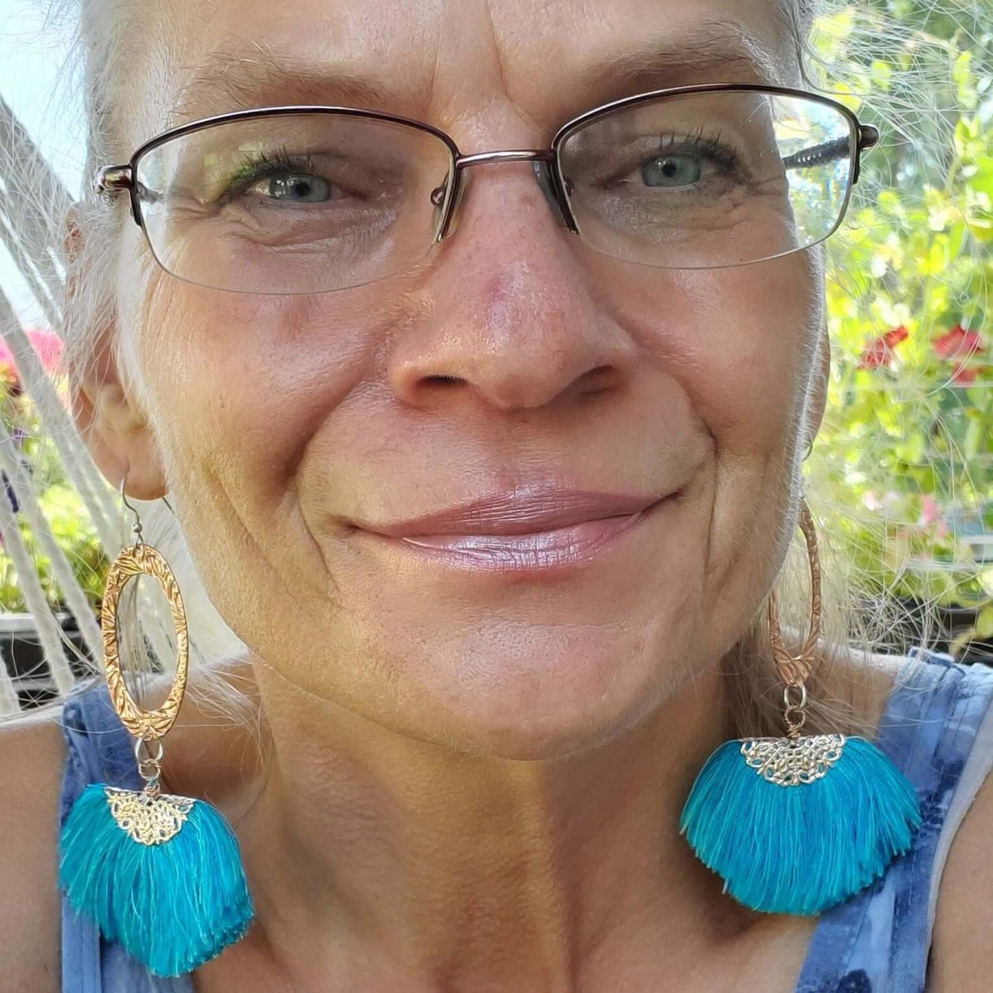 Long Copper Embossed Aqua Brushed Silk Fan Tassel Earrings