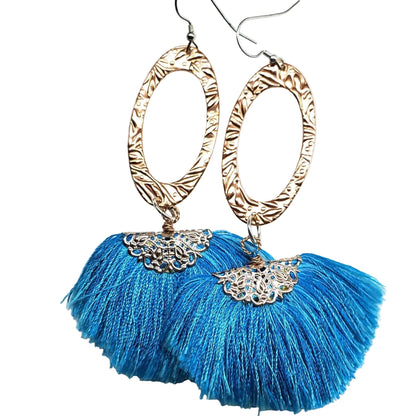 Long Copper Embossed Aqua Brushed Silk Fan Tassel Earrings