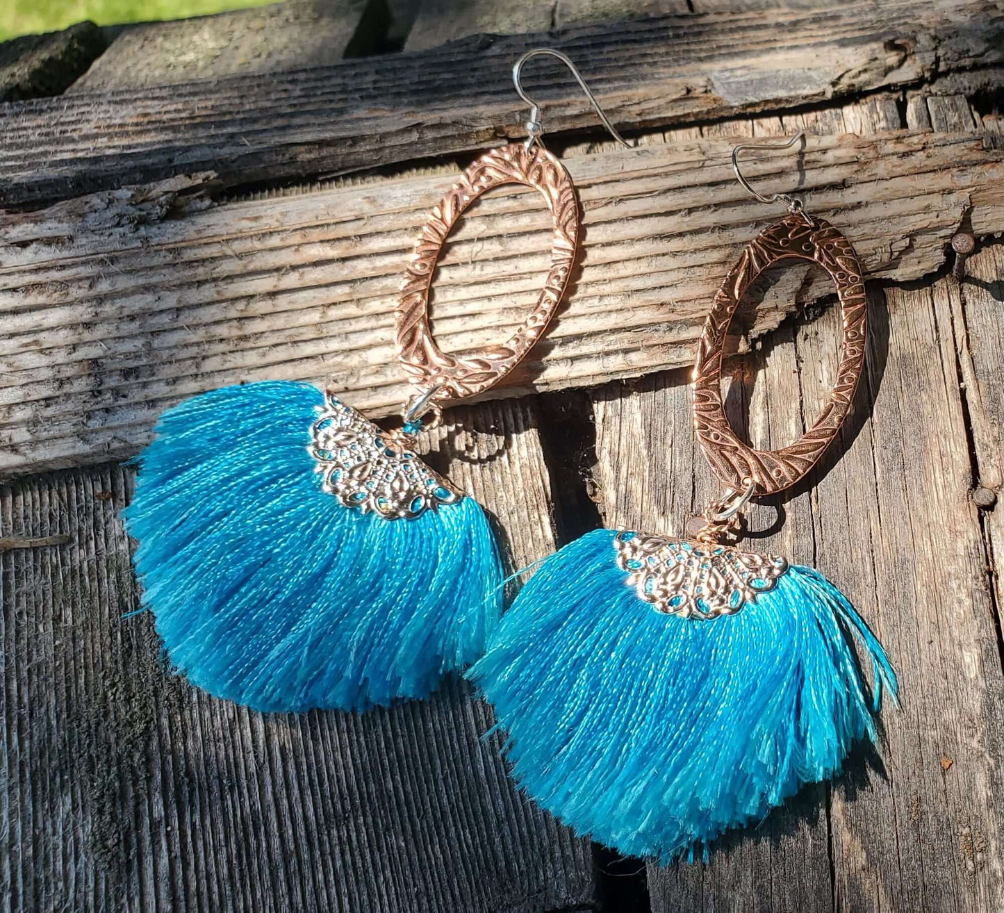 Long Copper Embossed Aqua Brushed Silk Fan Tassel Earrings