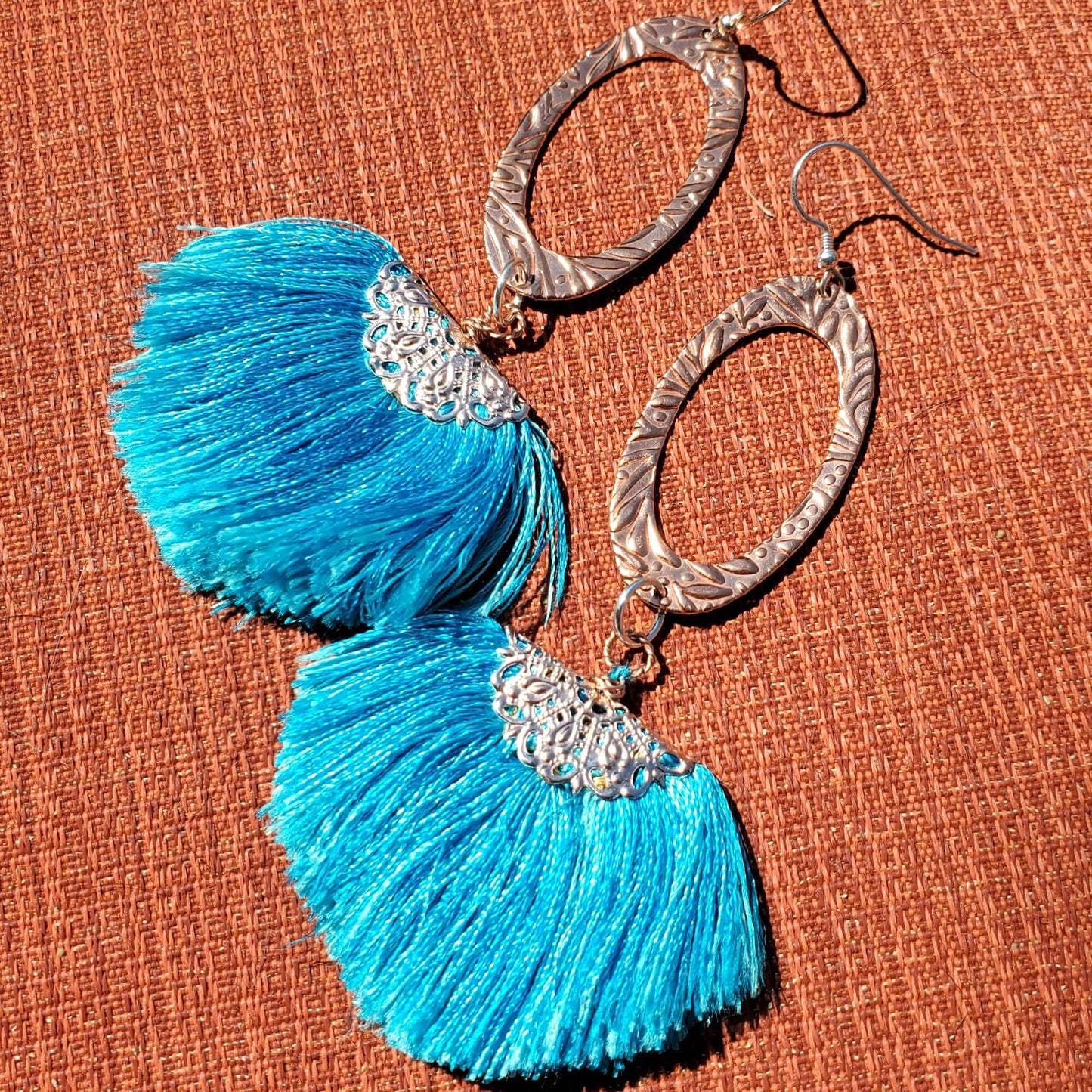 Long Copper Embossed Aqua Brushed Silk Fan Tassel Earrings