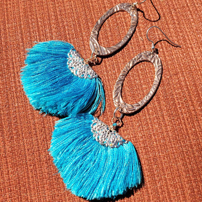 Long Copper Embossed Aqua Brushed Silk Fan Tassel Earrings