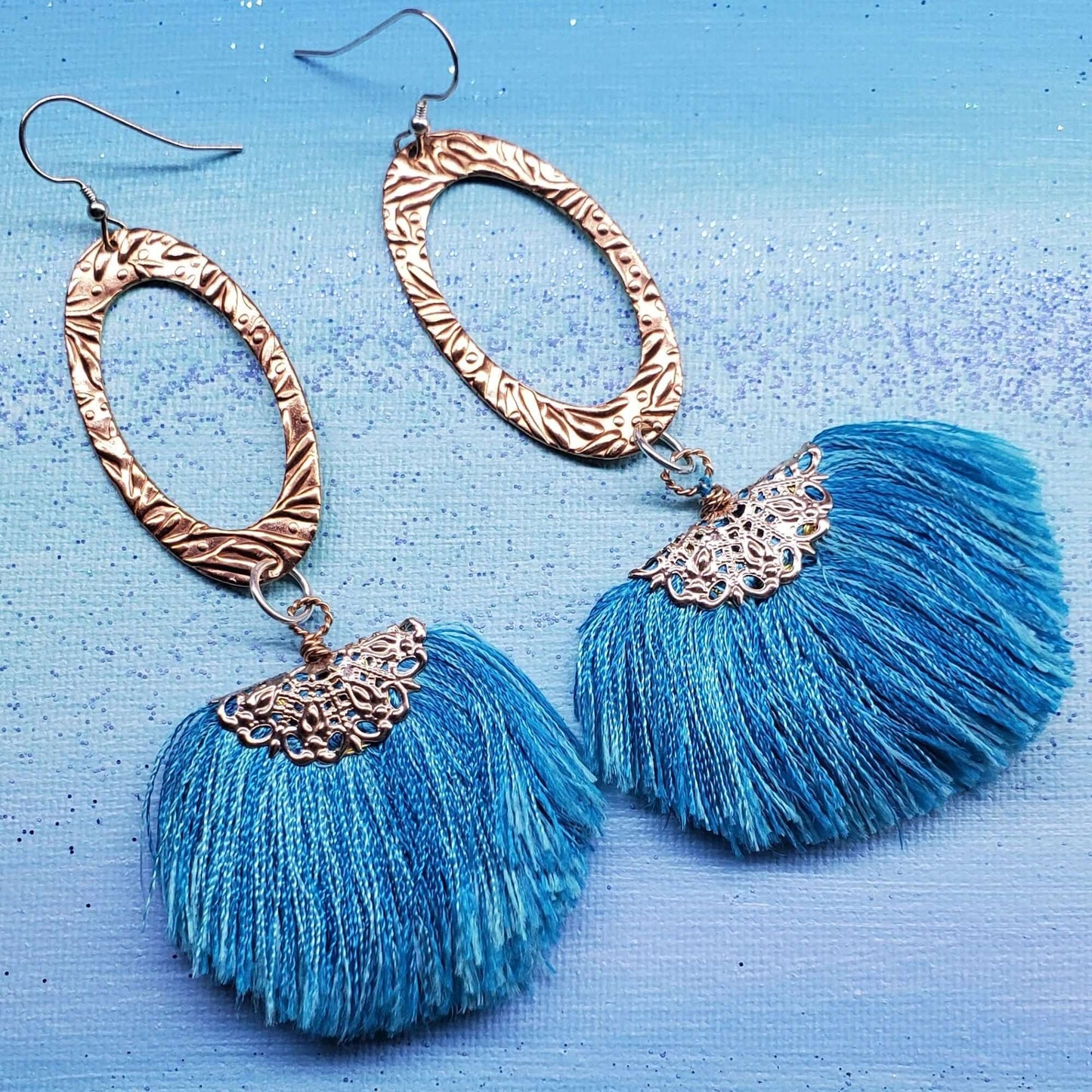 Long Copper Embossed Aqua Brushed Silk Fan Tassel Earrings