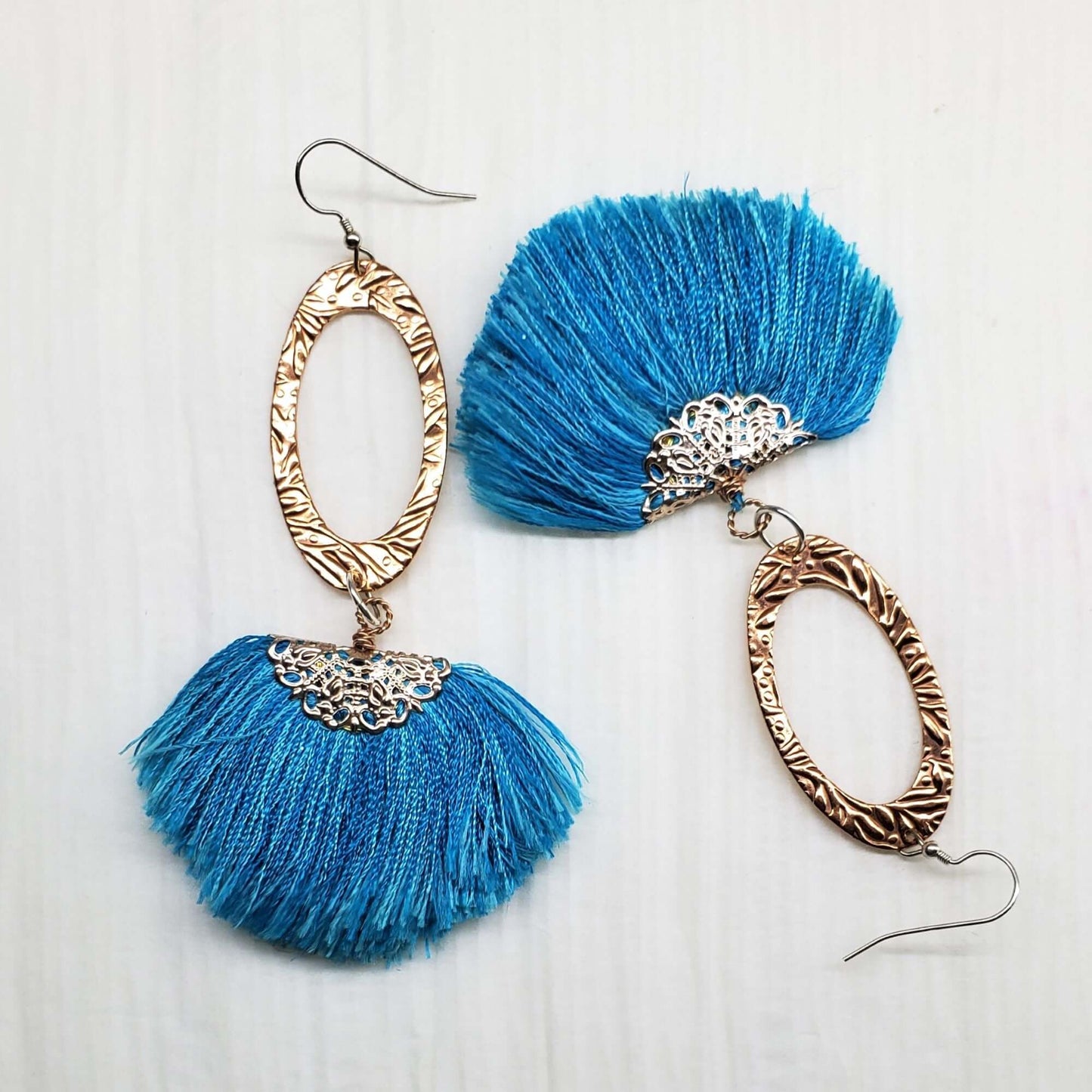 Long Copper Embossed Aqua Brushed Silk Fan Tassel Earrings