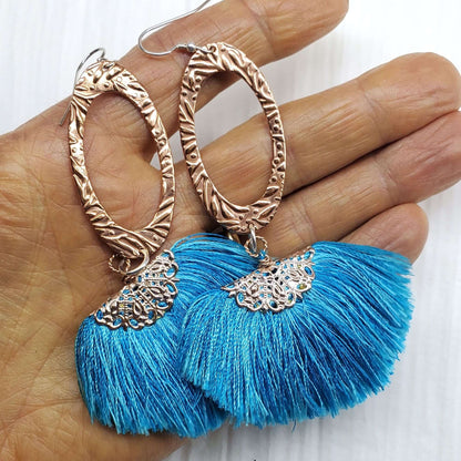 Long Copper Embossed Aqua Brushed Silk Fan Tassel Earrings