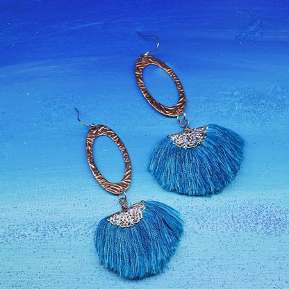 Long Copper Embossed Aqua Brushed Silk Fan Tassel Earrings