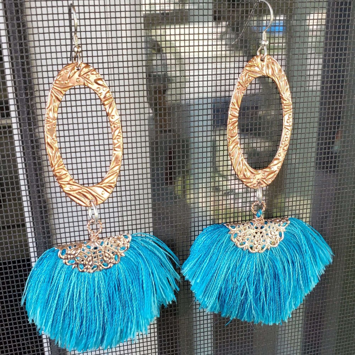 Long Copper Embossed Aqua Brushed Silk Fan Tassel Earrings