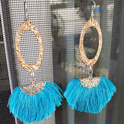 Long Copper Embossed Aqua Brushed Silk Fan Tassel Earrings