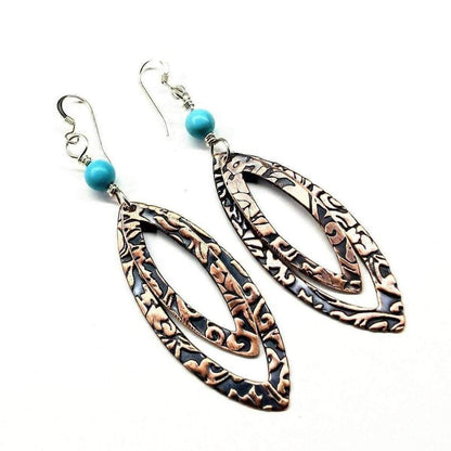 Copper Embossed Pointed Oval Turquoise Bead Earrings