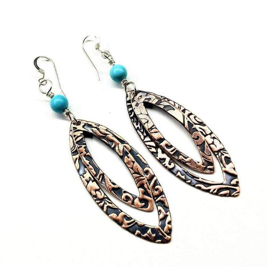 Copper Embossed Pointed Oval Turquoise Bead Earrings