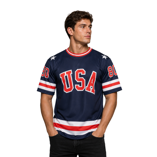 USA Hockey Officially Licensed "Miracle on Ice 1980 Team" Jersey Navy Tee- Adult