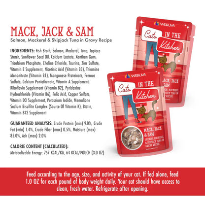 Cats in the Kitchen Mack, Jack and Sam Salmon, Mackerel & Skipjack Tuna in Gravy (3oz)
