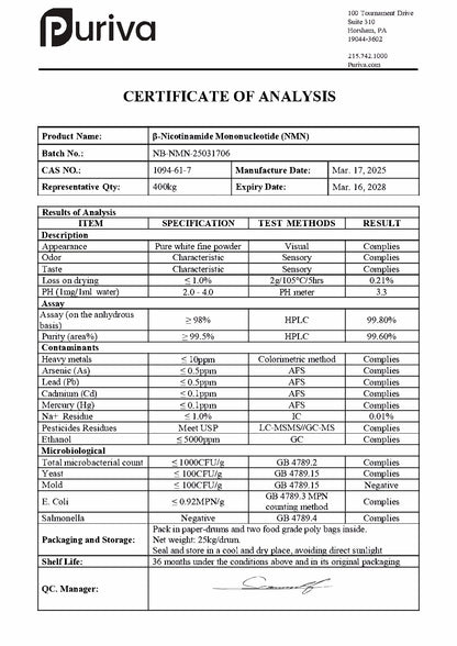 Pure NMN powder (Nicotinamide mononucleotide | β-NMN) NAD+ precursor, 454 grams (1 pound), Puriva Nutrition