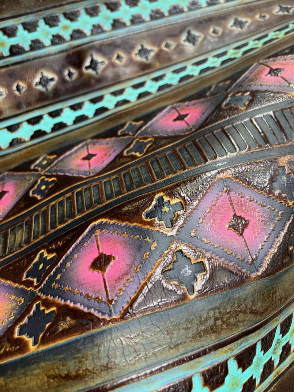 Rope Edge Magenta Navajo Leather Belt Buckle w/ Blue Turquoise 907z