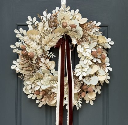 Neutral Fall Eucalyptus Wreath with Beige Leaves & Brown Velvet Ribbon
