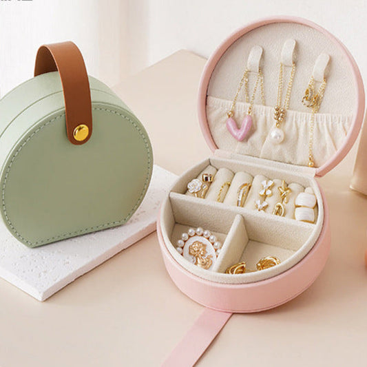 PU leather portable round jewelry box