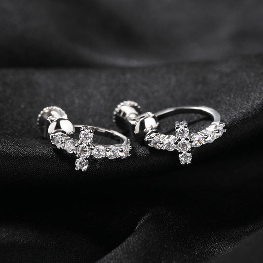 Hip Hop Zircon Black Spiral Clasp Cross Earrings