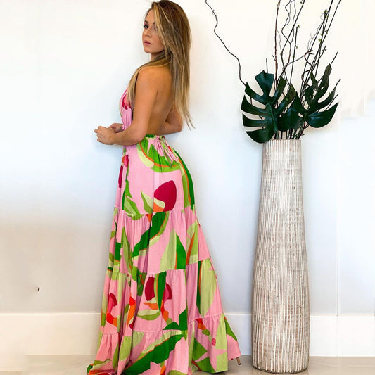 Spring and summer deep V backless dress Bohemian floral suspender dress