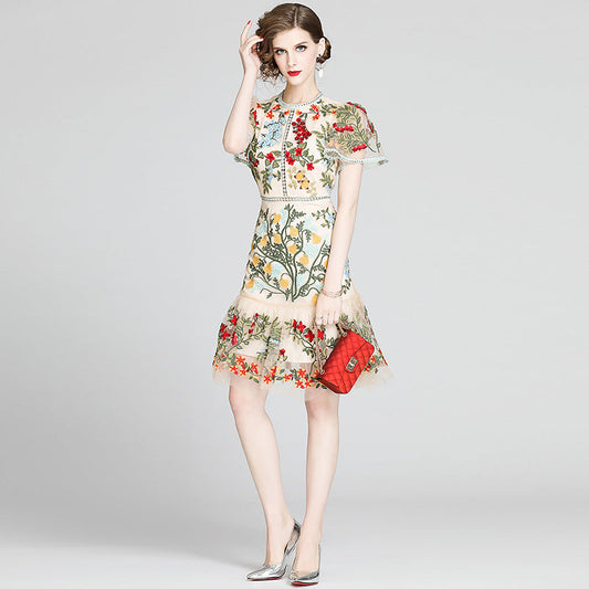 Short-sleeved mesh ruffle dress