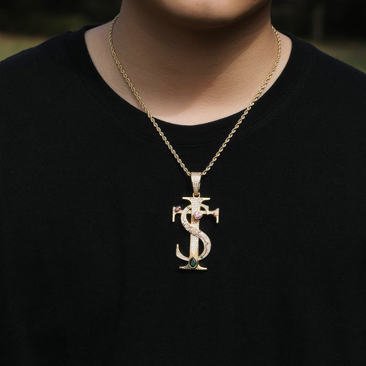 Hip-hop colored zircon TS cross necklace