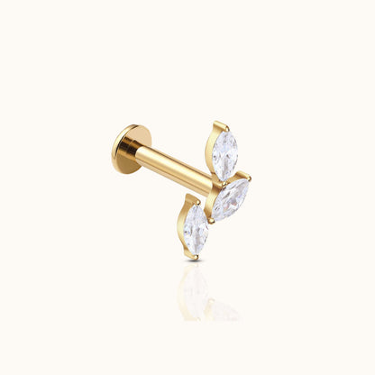 Oval CZ Leaves Branch Threadless Labret Titanium PVD Gold Flat Back Earring