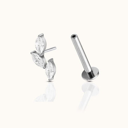 Oval CZ Leaves Branch Threadless Labret Titanium Flat Back Earring