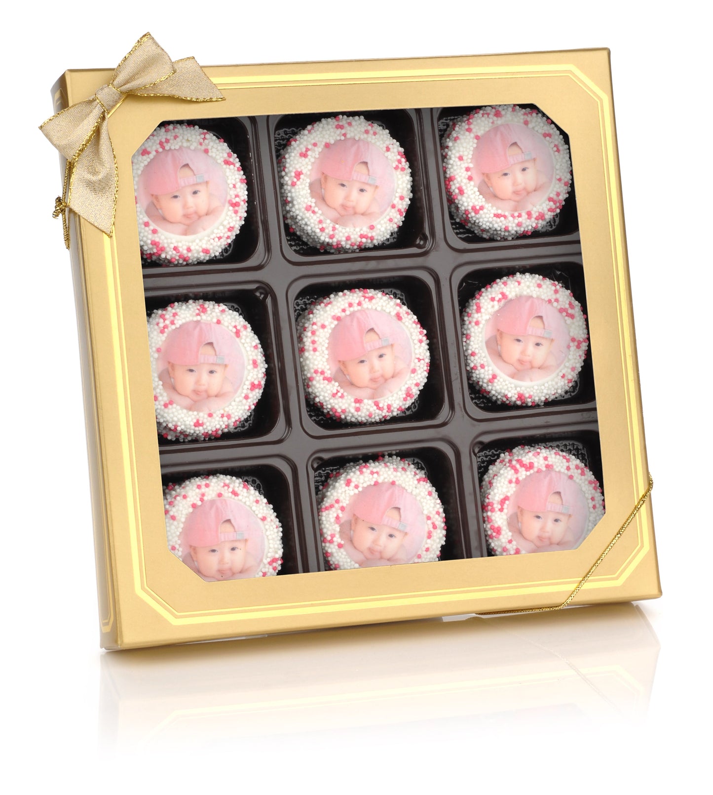 Gold Window Box of 9 Logo/Photo Sandwich Cookies