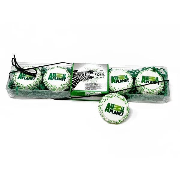 Logo Hand Dipped & Decorated Sandwich Cookie-Clear Gift Box of 5 with Sleeve Option