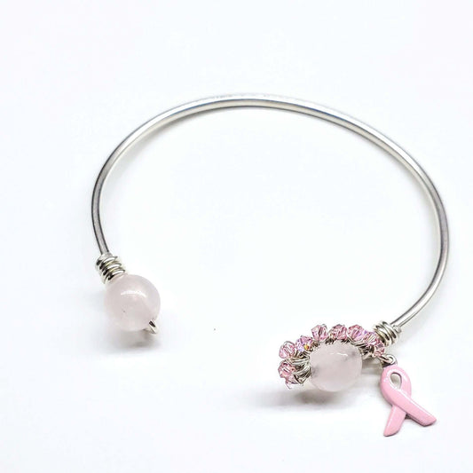 Pink Crystal Breast Cancer Awareness Rose Quartz Bead Ball End Cuff