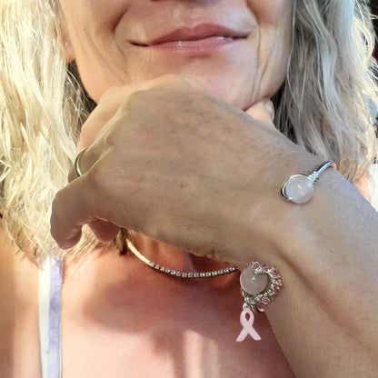 Pink Crystal Breast Cancer Awareness Rose Quartz Bead Ball End Cuff