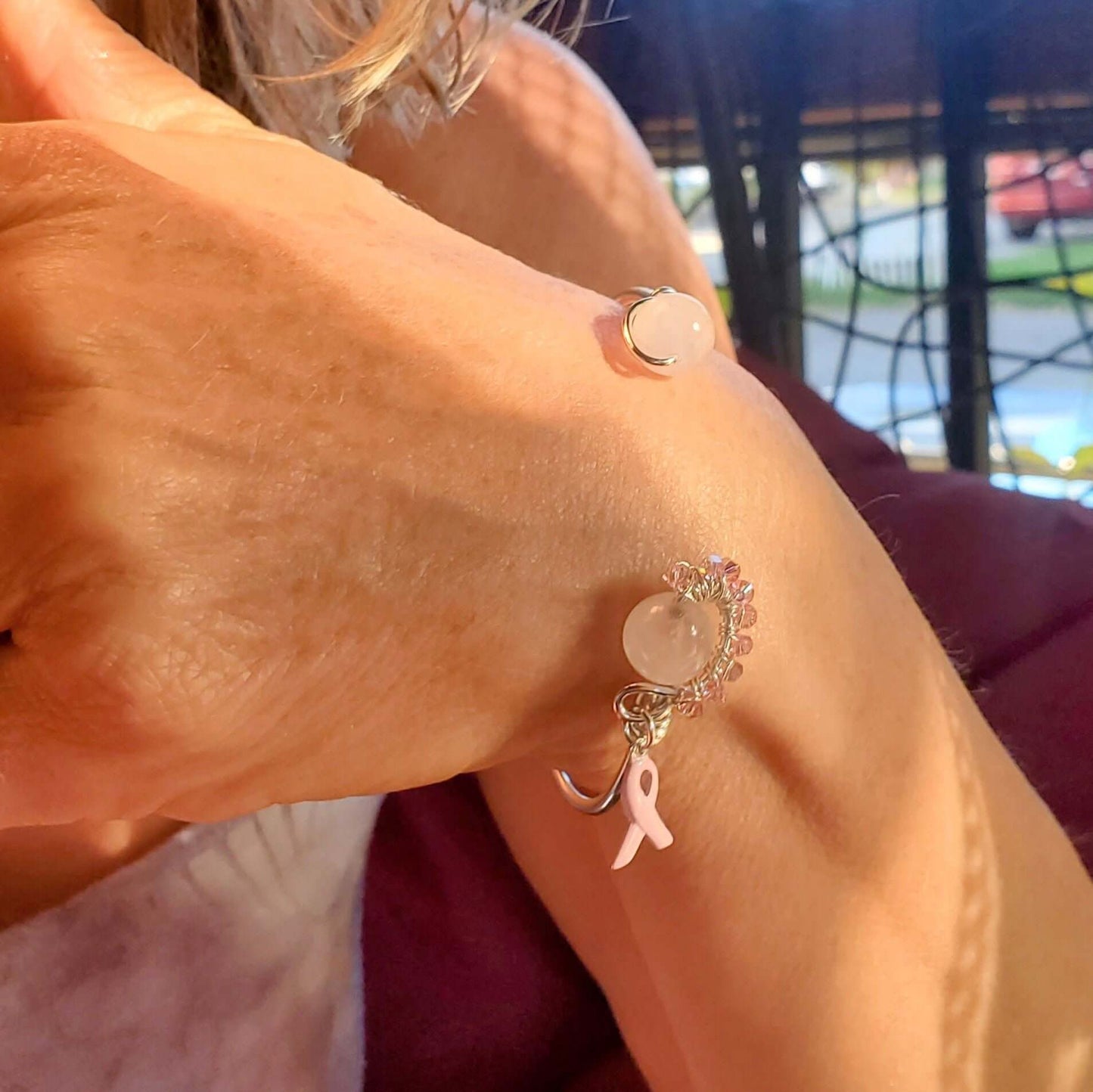 Pink Crystal Breast Cancer Awareness Rose Quartz Bead Ball End Cuff