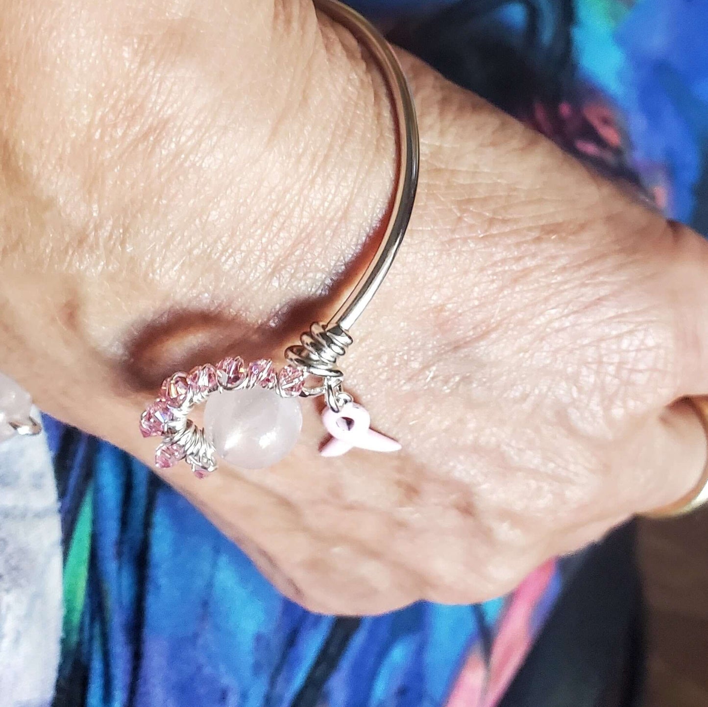 Pink Crystal Breast Cancer Awareness Rose Quartz Bead Ball End Cuff