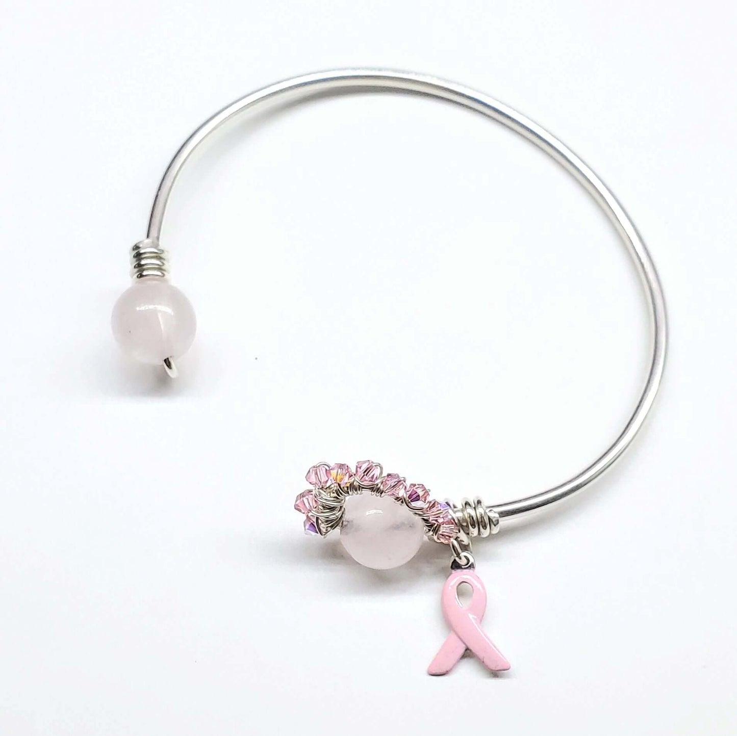 Pink Crystal Breast Cancer Awareness Rose Quartz Bead Ball End Cuff