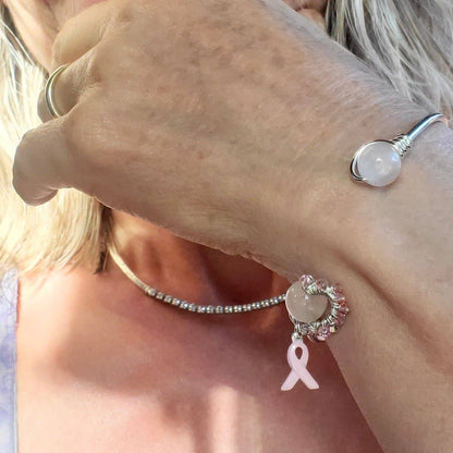 Pink Crystal Breast Cancer Awareness Rose Quartz Bead Ball End Cuff