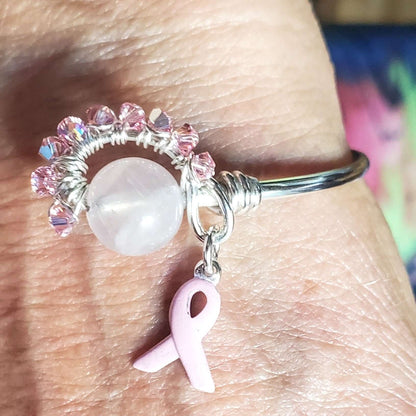 Pink Crystal Breast Cancer Awareness Rose Quartz Bead Ball End Cuff