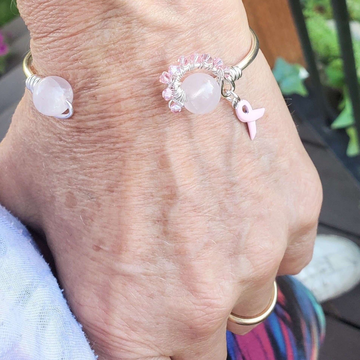 Pink Crystal Breast Cancer Awareness Rose Quartz Bead Ball End Cuff