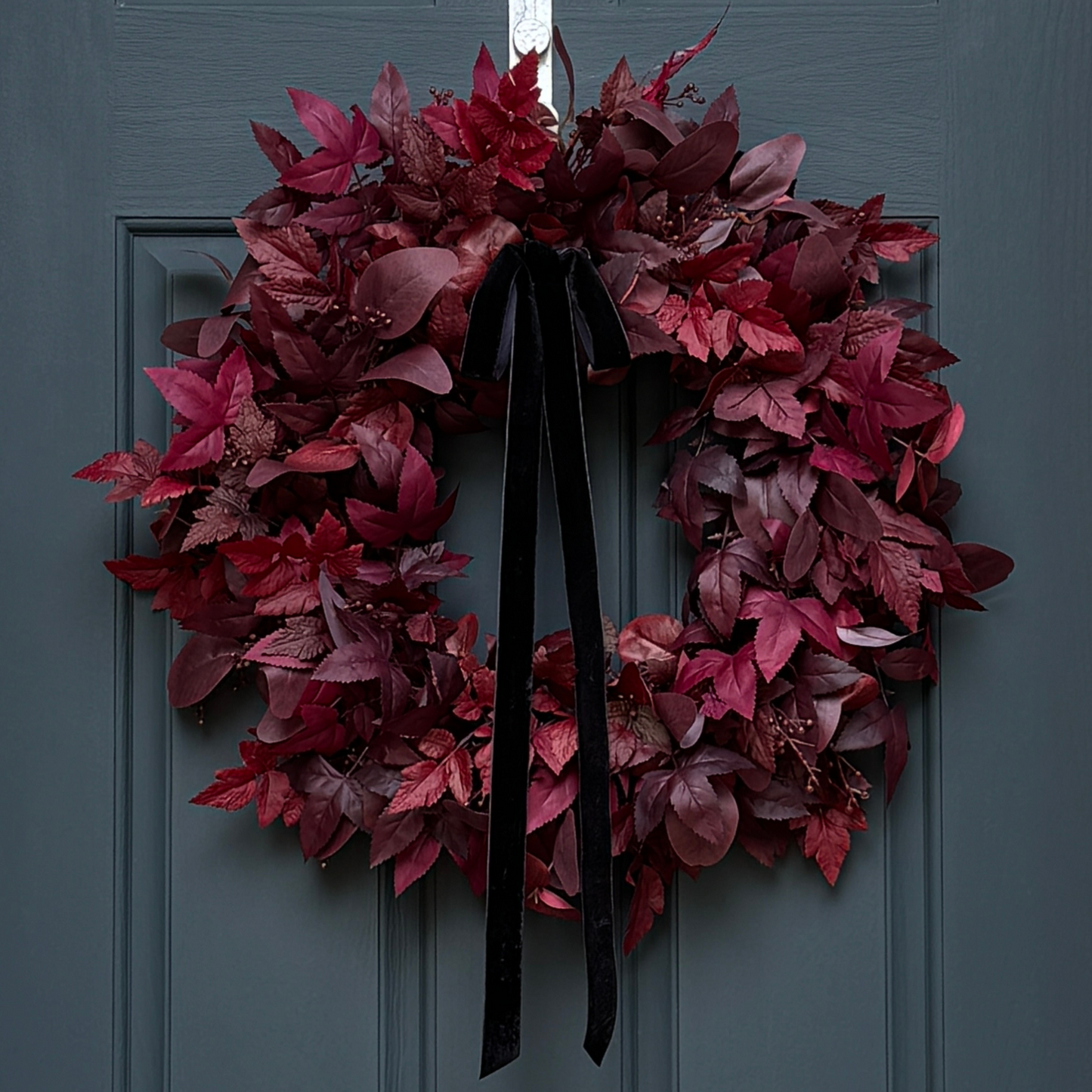 Moody Burgundy Fall & Halloween Wreath with Black Velvet Bow