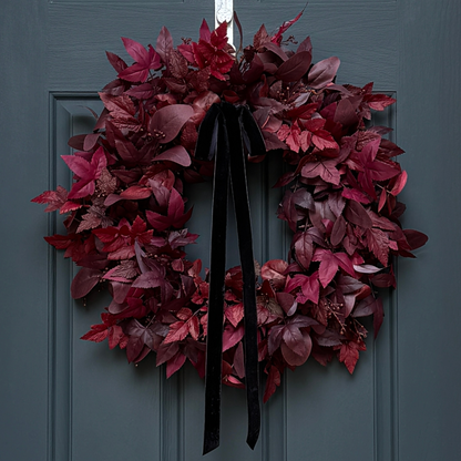 Moody Burgundy Fall & Halloween Wreath with Black Velvet Bow