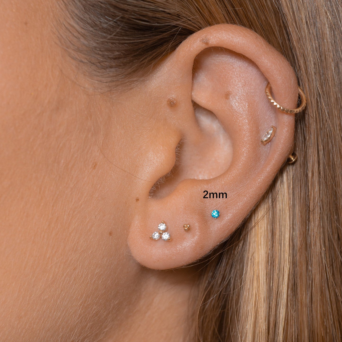 14K Solid Gold 2mm Aquamarine CZ Threadless Labret Flat Back Earring