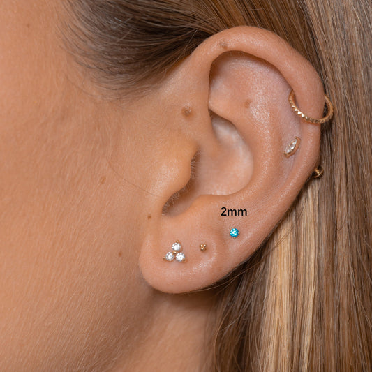 14K Solid Gold 2mm Aquamarine CZ Threadless Labret Flat Back Earring