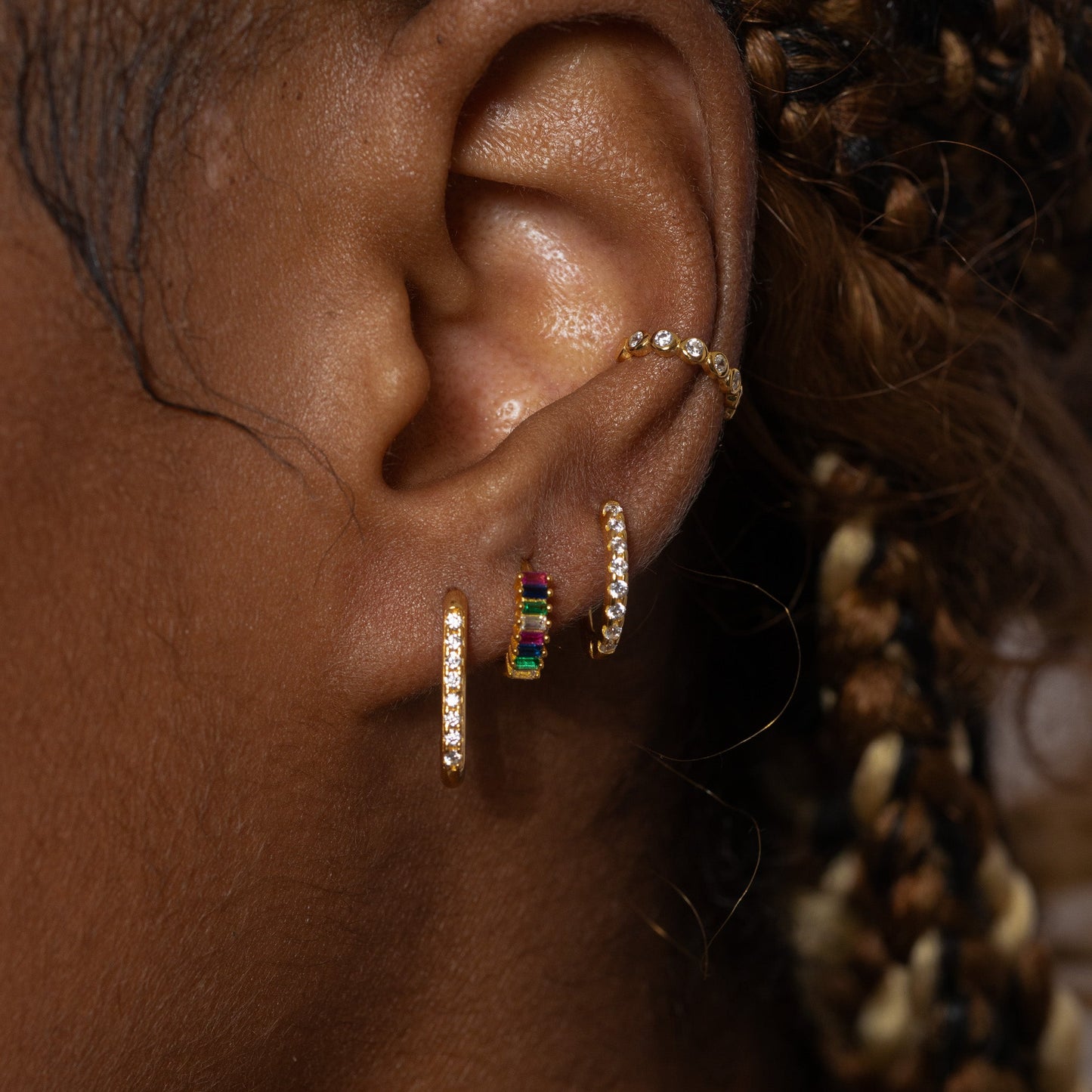 Rainbow Colored Baguette CZ Pave Huggie Hoop Earrings
