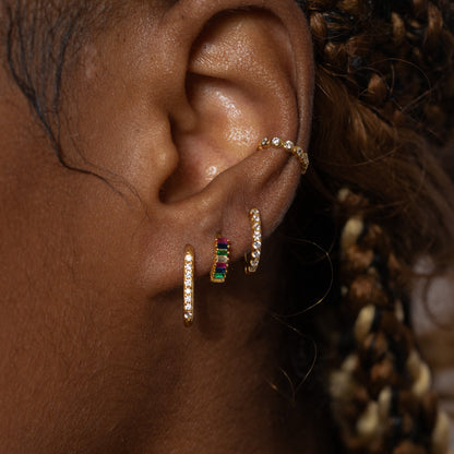 Rainbow Colored Baguette CZ Pave Huggie Hoop Earrings